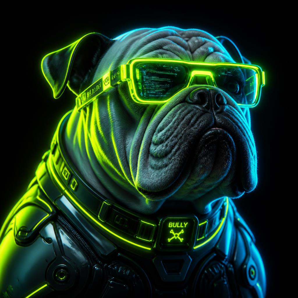 Cyberpunk bulldog wearing neon glasses, mascot of DoggyBnb crypto reviews